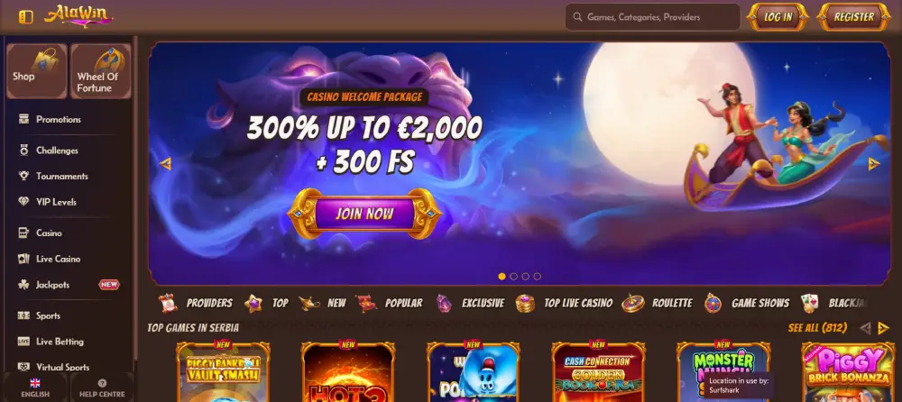 Alawin Casino – widok strony kasyna oraz sekcji z grami