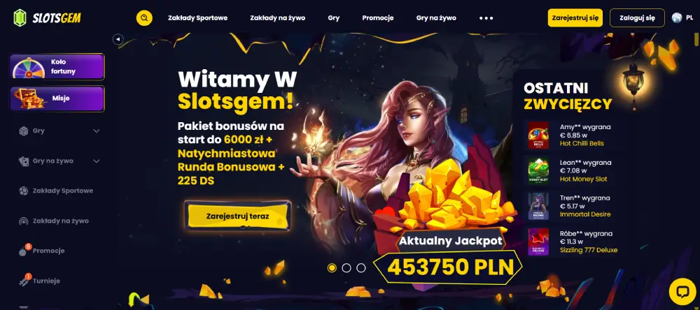 SlotsGem Casino – wygląd strony głównej, lobby i katalogu gier