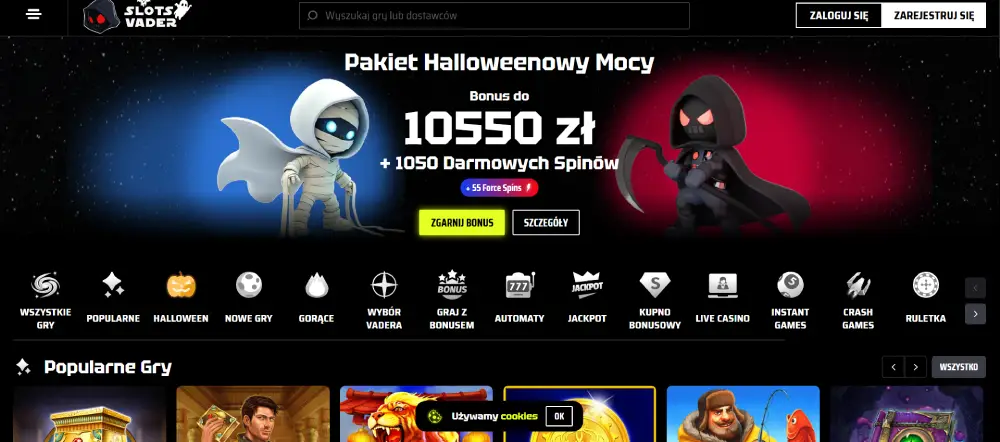 Widok strony SlotsVader Casino z kategoriami automatów i promocją