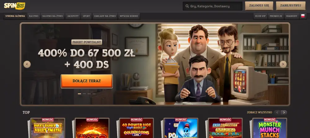 Interfejs SpinBoss Casino z banerem pakietu powitalnego
